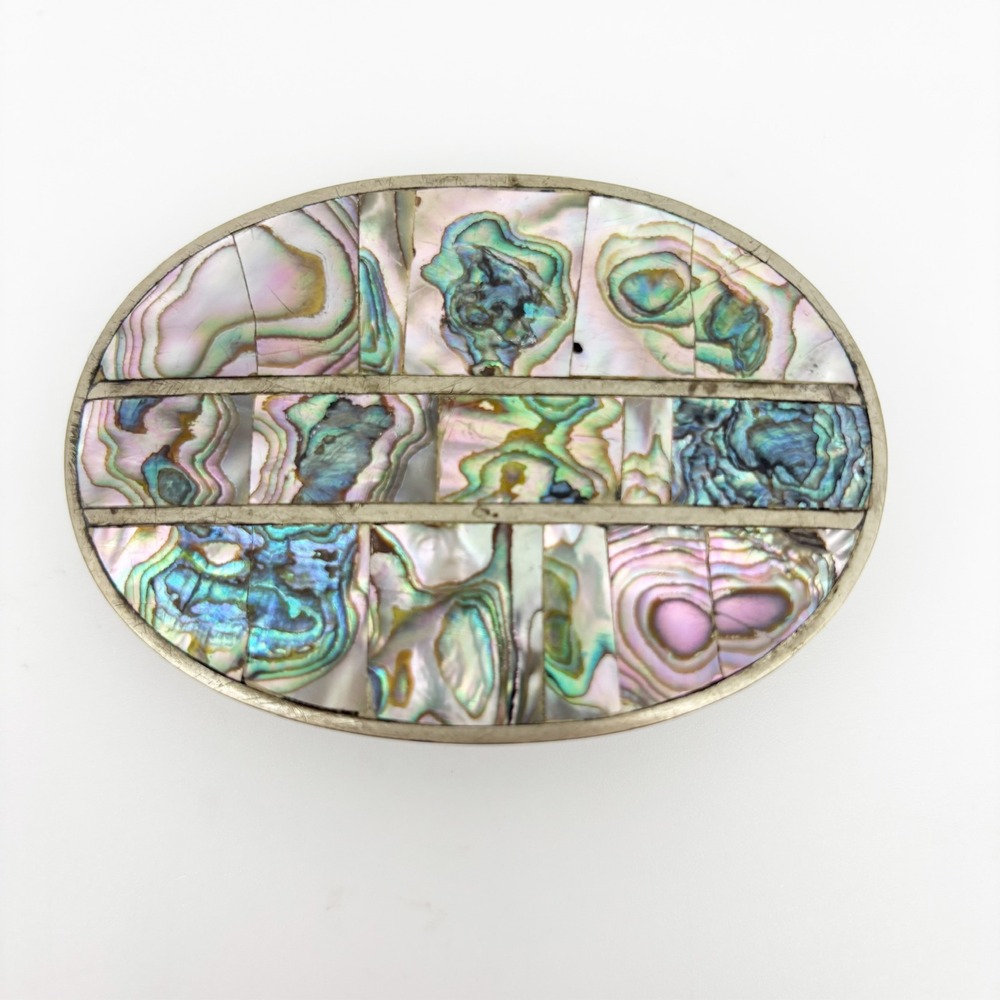 Vintage Mexico Alpaca Silver Abalone Shell Inlay Oval Western Belt Buckle